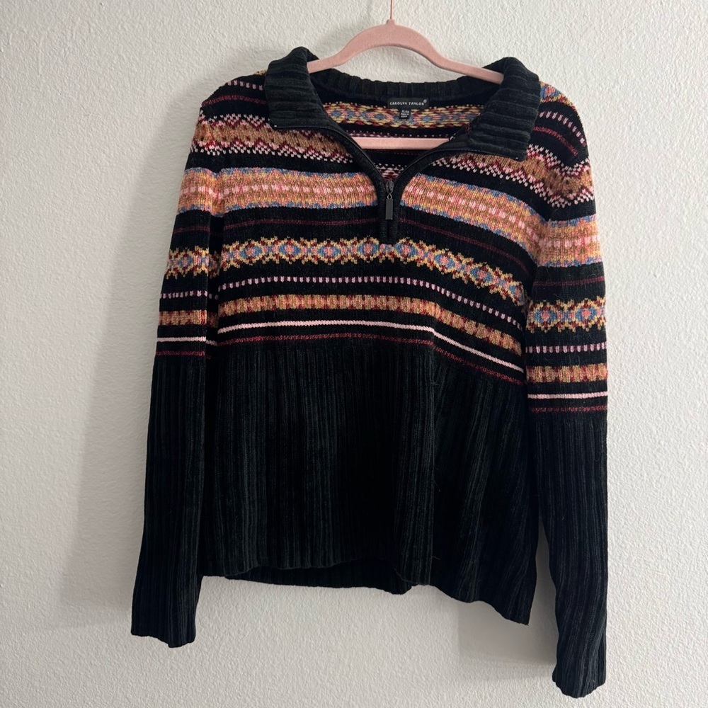 Vintage Carolyn Winter Ski Fair Isle Pattern Quarter Zip Chenille Like Sweater